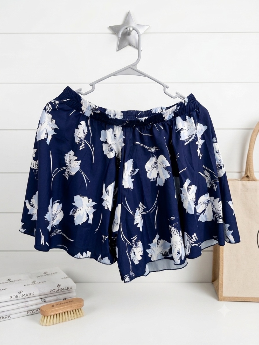Navy Floral Skater Skirt - White Flower Print LARGE